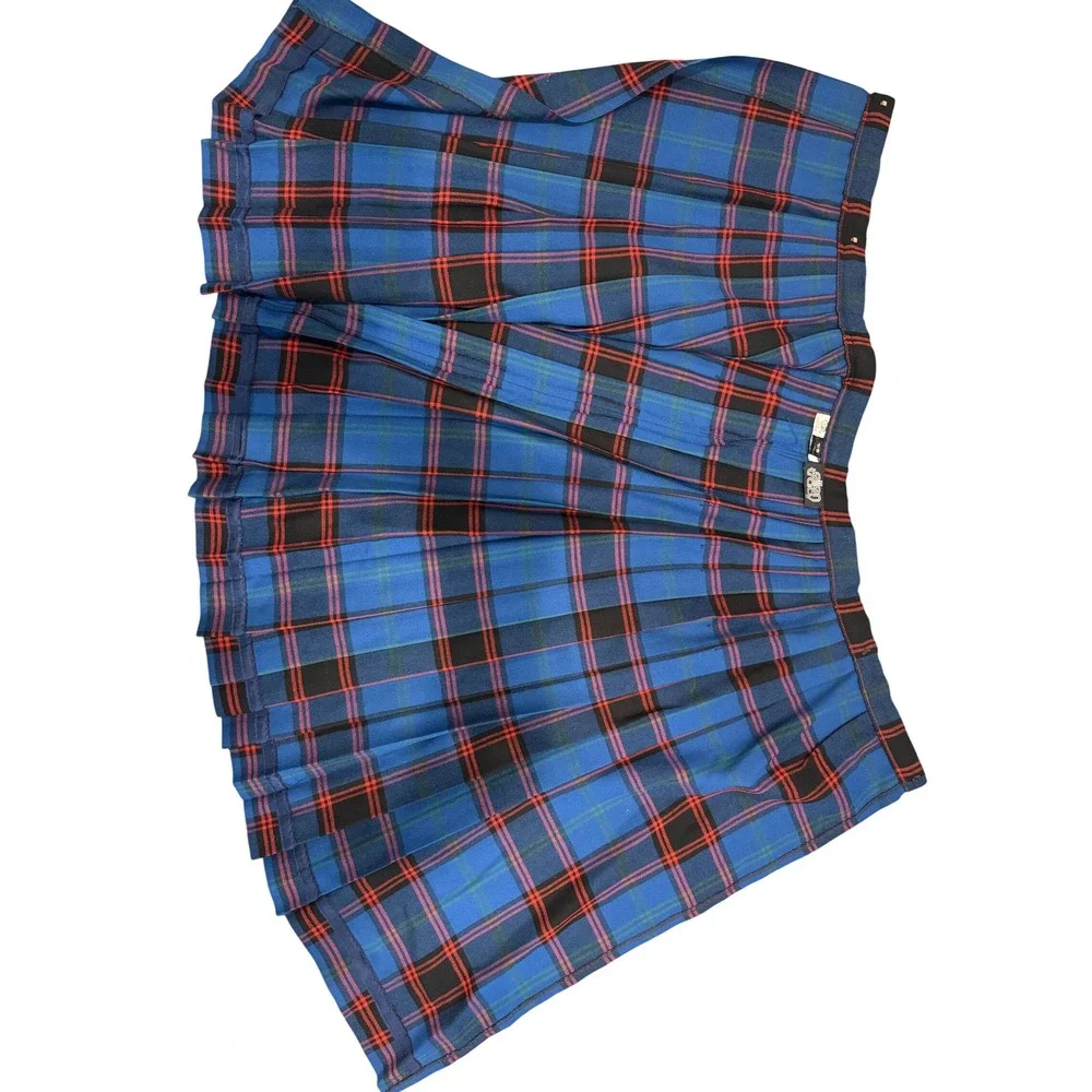 Vintage Ellen Tracy 100% Pure Wool Plaid‎ Pleated Midi Skirt Blue Red Size 7/8